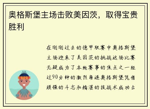 奥格斯堡主场击败美因茨，取得宝贵胜利